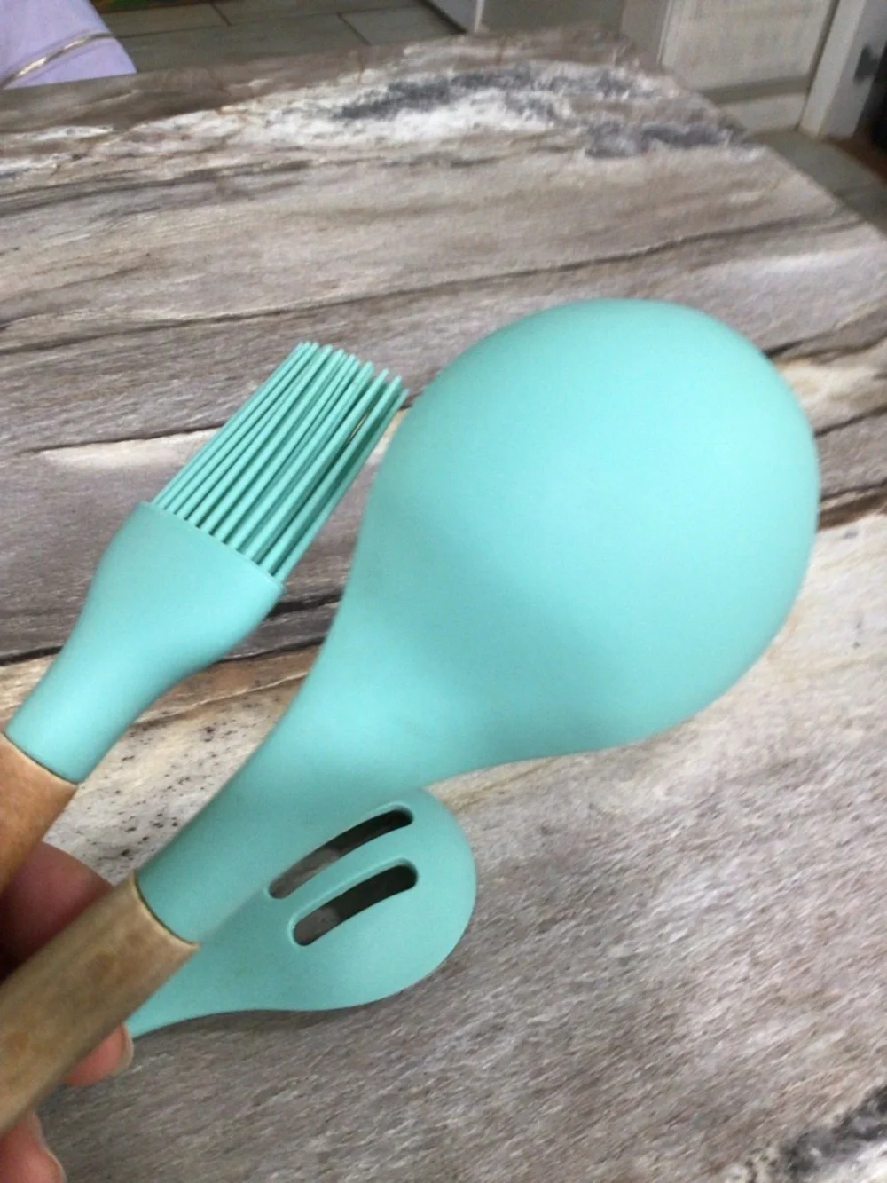 MIBOTE 3pc Silicone Kitchen Utensil Set Teal Wood Handle Spoon Brush BPA Free.